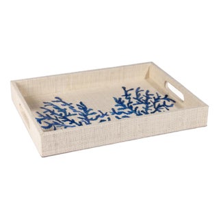 Coral Lagoon Natural Fiber Raffia Serving Tray For Sale