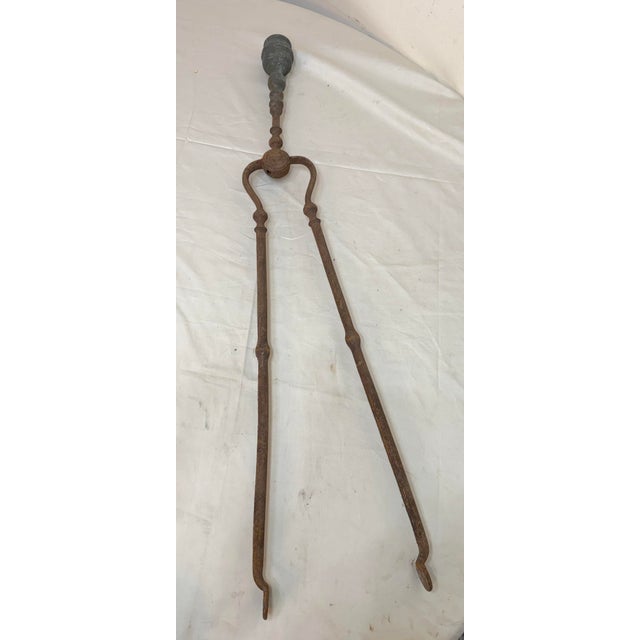 18th Century Antique 18th Century Wrought Iron Turned Brass English Fireplace Tongs Tool 12 For Sale - Image 5 of 12