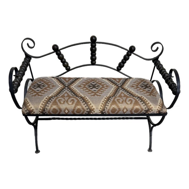 Boho Scrolled Iron Stagecoach Style Bench For Sale
