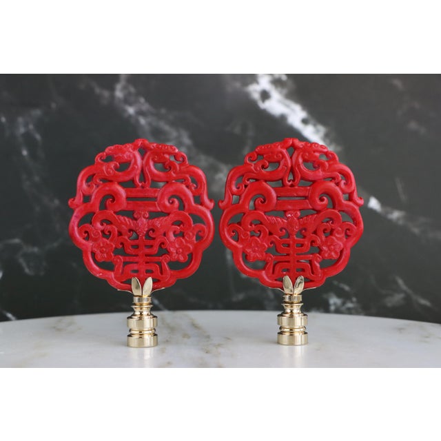 Chinoiserie Chinese Longevity Symbol Lamp Finials on Golden Brass Hardware - A Matching Pair For Sale - Image 3 of 6