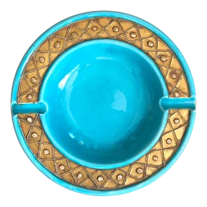 Mid Century Turquoise Gold Italian Pottery Ashtray