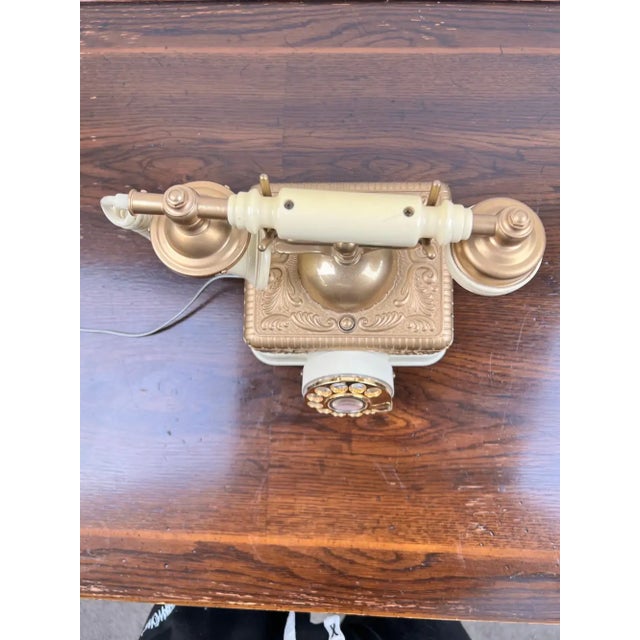 Paint Vintage French Style Brass Rotary Telephone With Ornate Repoussé Cream Enamel Base For Sale - Image 7 of 16