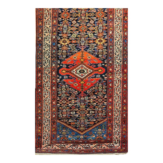 Vintage Persian Malayer Runner Rug, Hand-Knotted Wool, Geometric Pattern, 3x20, Navy & Red For Sale