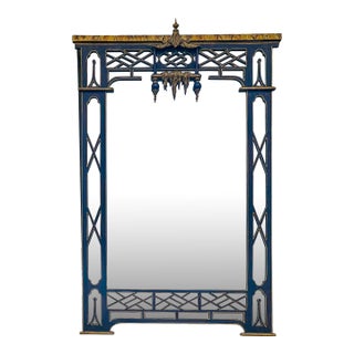 Italian Chinese Chippendale Style Pagoda & Fretwork Faux Marble Painted Mirror For Sale