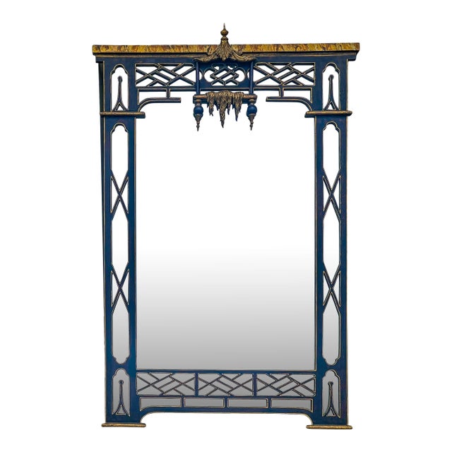 Italian Chinese Chippendale Style Pagoda & Fretwork Faux Marble Painted Mirror For Sale