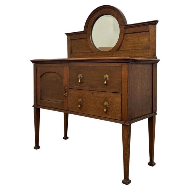 Antique Early 20th Century English Edwardian Oak Sideboard with Convex Mirror For Sale - Image 3 of 14