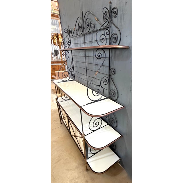 Maison Jansen Style Iron Brass & White Glass Bakers Rack with Cabinet, 1950s For Sale - Image 17 of 18