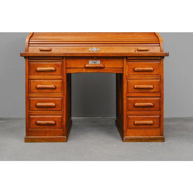 Industrial Style Oak Roll-Top Desk, Early 20th Century For Sale - Image 16 of 18