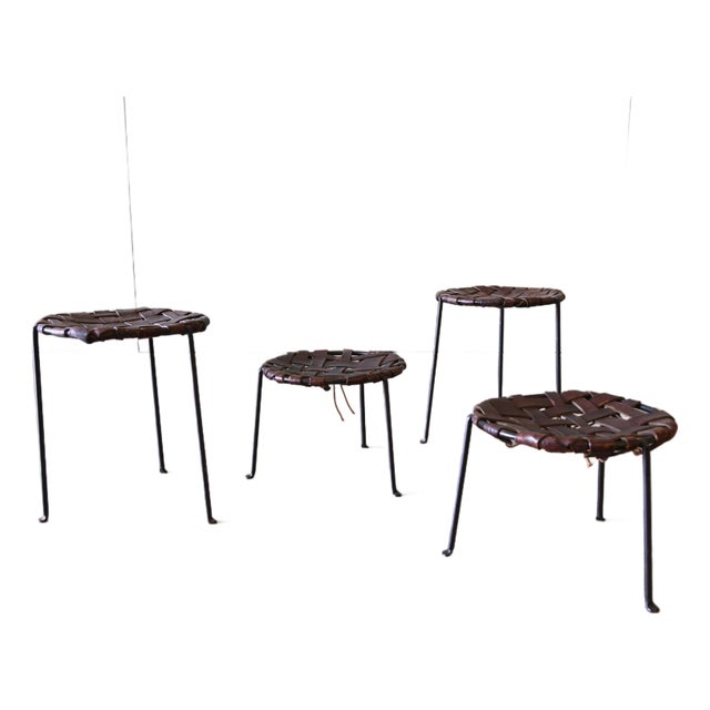 A Set of 4 1940's Swift and Monell Woven Leather and Iron Stools Mid Century Modern For Sale