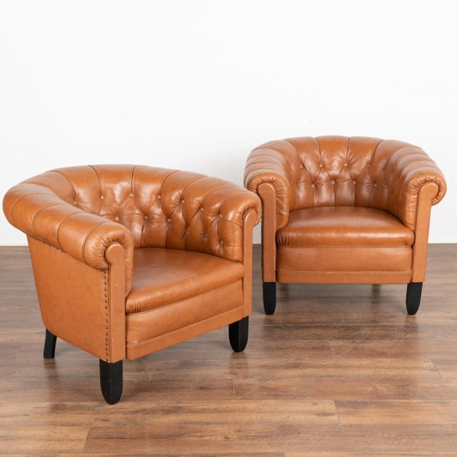 Pair, Vintage Brown Leather Barrel Back Arm Chairs, Denmark Circa 1940 For Sale - Image 13 of 13
