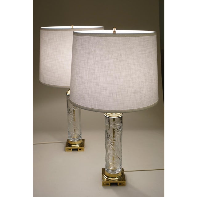 1960s Matched Pair Large Dresden Hollywood Regency Cut Crystal Glass Brass Column Table Lamps - a Pair For Sale - Image 10 of 15
