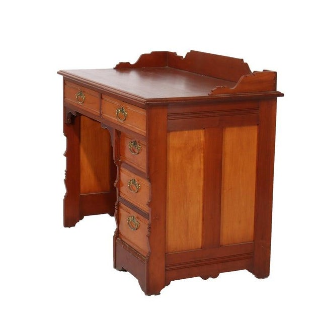 Antique Cherry Five Drawer Single Pedestal Desk C1910 For Sale - Image 4 of 5