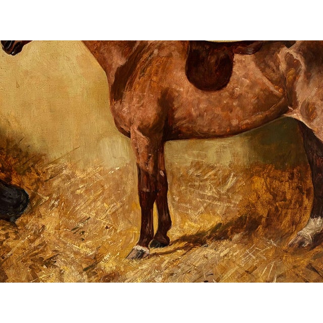 Textile 1910s “Chestnut Hunter in a Loose Box Stall” Antique Equestrian Horse Painting Oil on Canvas Attributed to Alfred Grenfell Haigh For Sale - Image 7 of 10