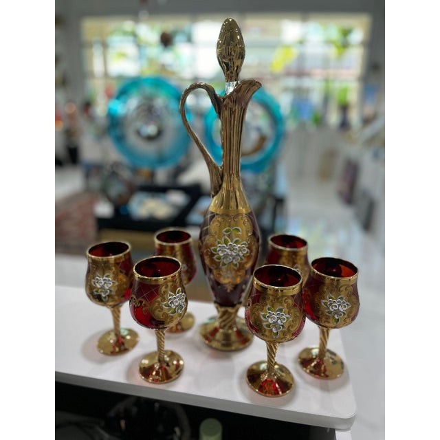 Traditional Beautiful Set of Enameled Stemware From Murano Including 6 Wineglasses and Decanter For Sale - Image 3 of 8