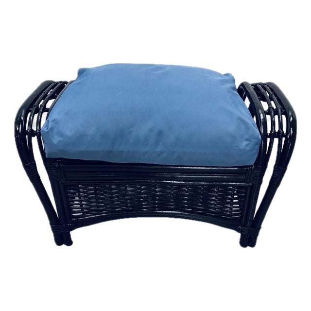 Black Enameled Rattan Wicker Ottoman. Coordinates With Listed Black Rattan Chairs. For Sale