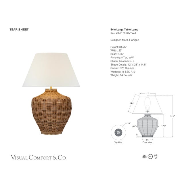 Marie Flanigan by Visual Comfort Signature Evie Large Table Lamp in Natural Wicker with Linen Shade Designer: Marie...