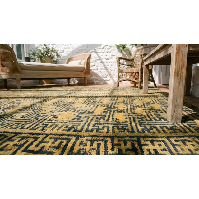 Splendid Asparagaus Background Color With Greek Key Pattern Antique Chinese Rug For Sale - Image 9 of 10
