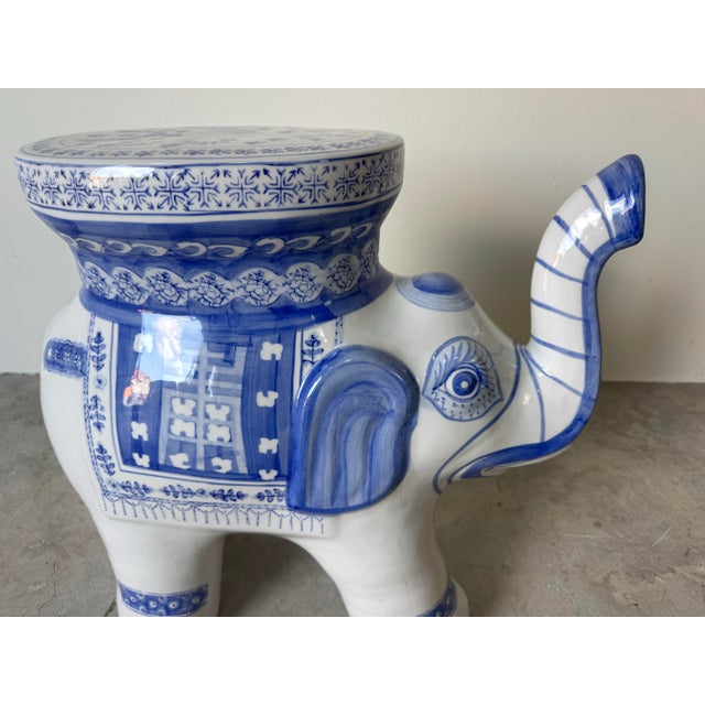1980s Vintage Handmade Blue & White Ceramic Elephant Garden Stool For Sale - Image 5 of 12