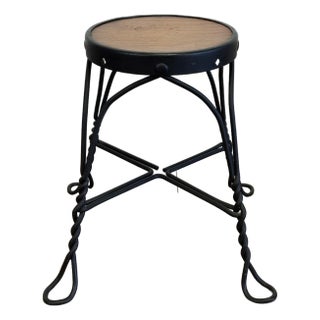 Vintage Twisted Wrought Iron Stool With Wood Top For Sale