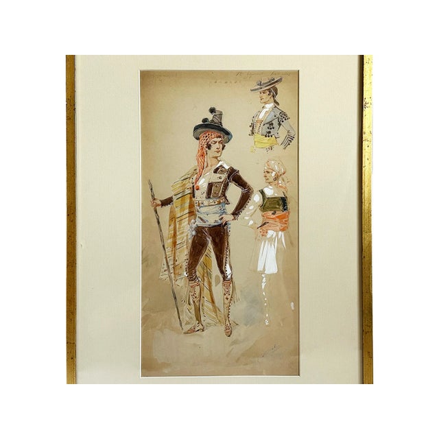 Italian 1908 "Torero" Antique Italian Bullfighter Costume Design Painting Watercolor on Paper by Alfredo Edel For Sale - Image 3 of 10