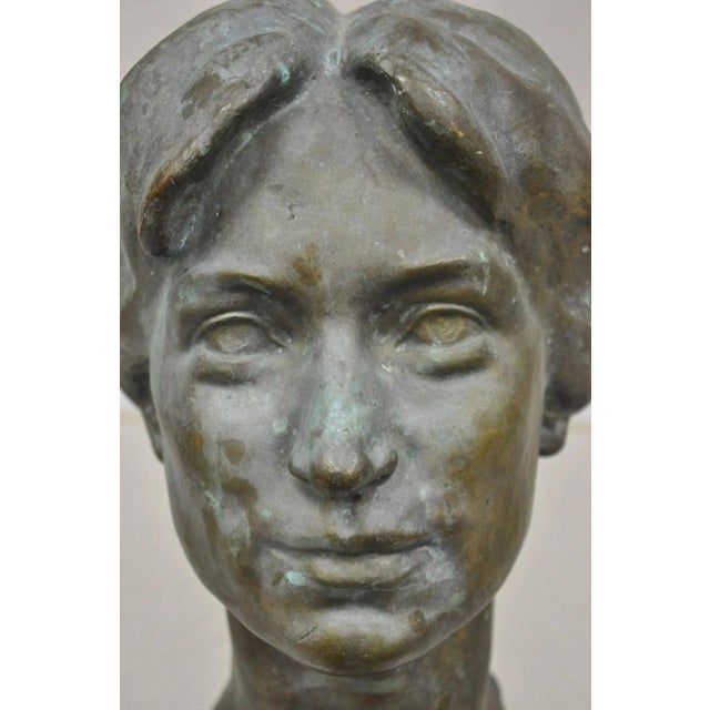 Vintage Patinated Cast Bronze Bust Statue Sculpture of Woman With Pinned Hair For Sale - Image 4 of 12
