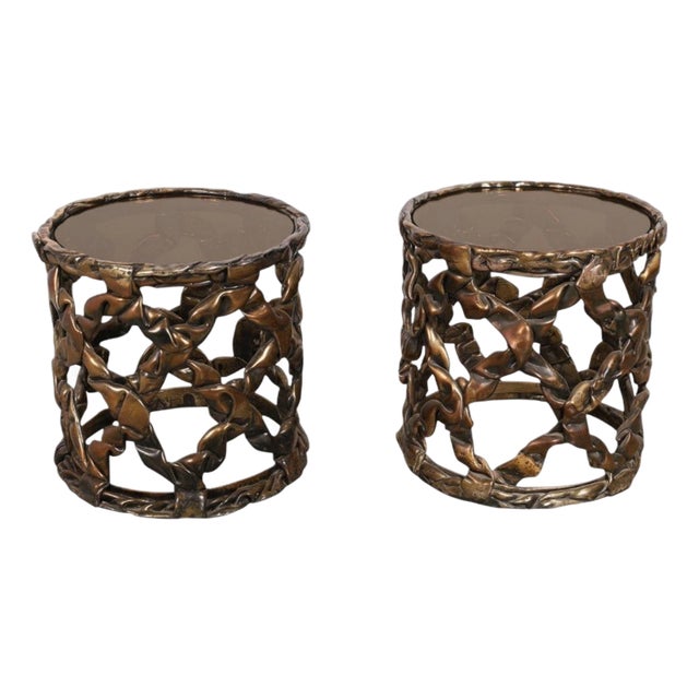 Attributed to Tony Duquette Pair of Ribbon Drum End Tables Gold Leaf Bronze Glass. u.s.a. 1970's. For Sale