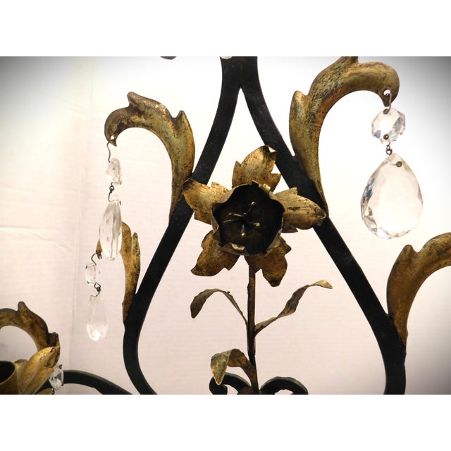 Black and Gold Gilt Metal Floral Wall Sconce, Teardrop Crystals, Candleholders For Sale - Image 11 of 14