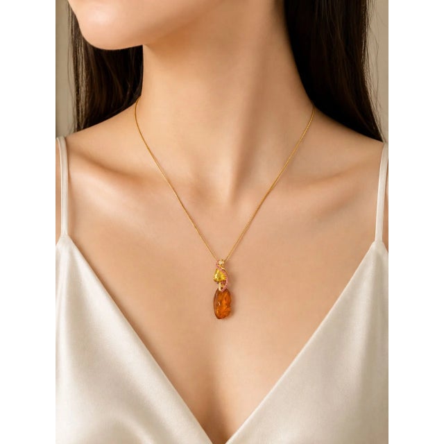 Traditional Late 20th Century 14K Gold Amber Citrine Lemon Quartz Pink Sapphire Diamond Pendant Necklace For Sale - Image 3 of 3