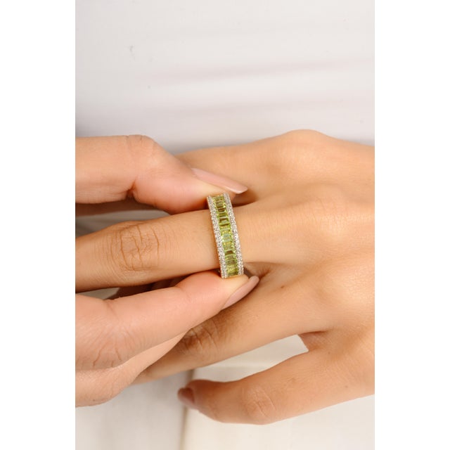 Baguette Cut Peridot with diamond 14k white gold Wedding Band Ring featuring natural peridot of 1.09 carats and diamonds...