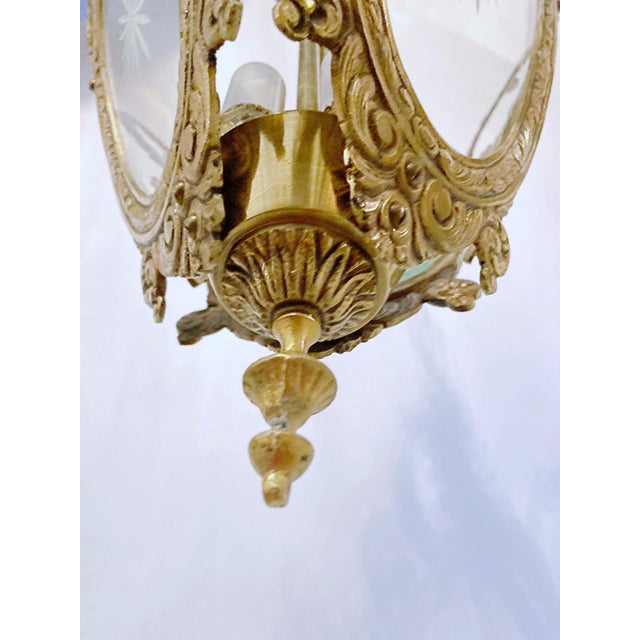 Vintage Bronze Lantern With Etched Glass Panels For Sale - Image 9 of 10