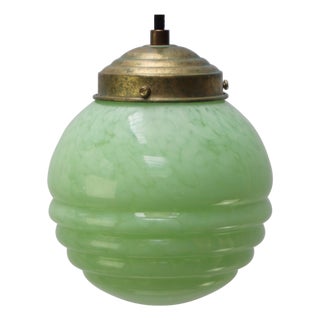 French Green Reeded Glass Clichy Pendant Lamp For Sale