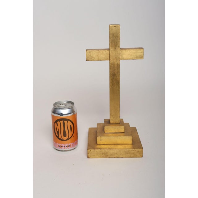 Wood Vintage Folk Art Odd Fellows Lodge Handcarved Gold Altar Cross With Stepped Base For Sale - Image 7 of 15