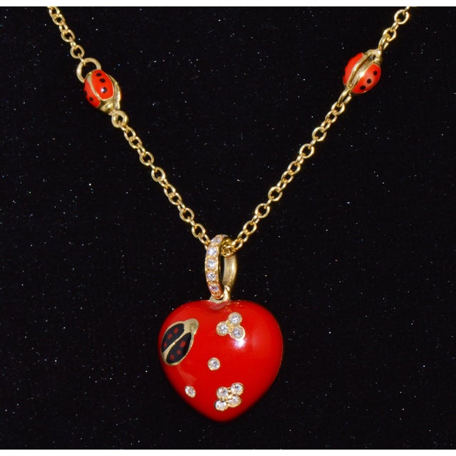 Aaron Basha 18k Gold Diamond Enamel Ladybug Puffy Heart Pendant Necklace For Sale - Image 10 of 14