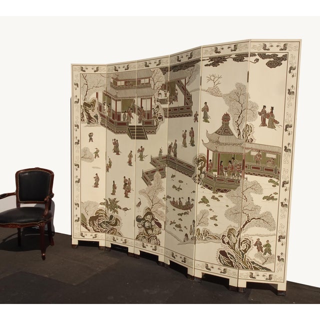 Six Panel Screen Coromandel Chinese Asian White Lacquer Room Divider