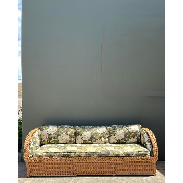 Wood Vintage Braided Rattan Magnolia Print Sofa For Sale - Image 7 of 12