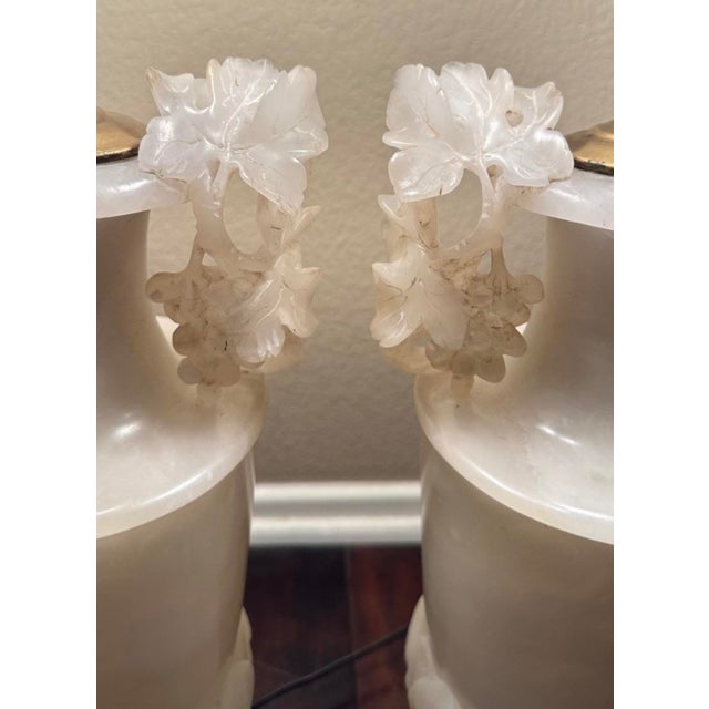 1920s Large Pair of Hand-Carved French Alabaster Neoclassical Urn Table Lamps For Sale - Image 4 of 18