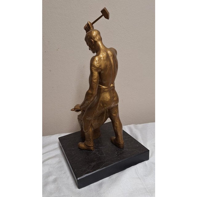 Blacksmith Sculpture Metal on Black Slate Plate, 1920s For Sale - Image 4 of 7