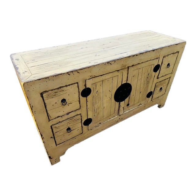 Mid 20th Century Asian Ming Style Distressed Butter Yellow Sideboard/Buffet For Sale