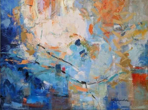 Title: Morning Walk. Original Blue White Brown Gray Red Abstract Art on Gallery Wrap Canvas.
