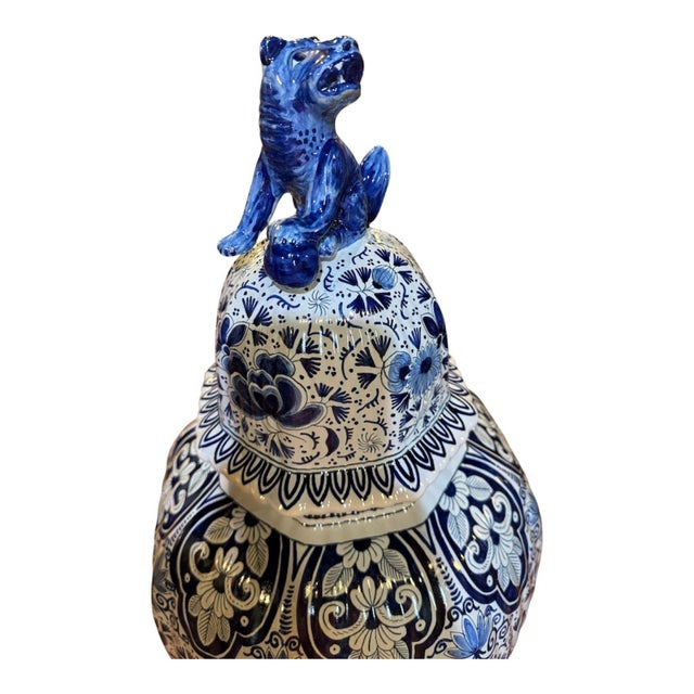 Beautiful monumental size 19th century delft ginger jar. It features a classic octagonal/faceted baluster body with a...