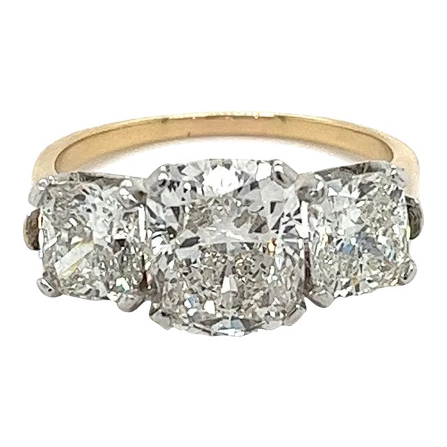 Mid 20th Century 4.83 Carat Cushion Cut 3-Stone Lab Grown Diamond Ring in 14k Gold and Platinum Size 7.5 For Sale