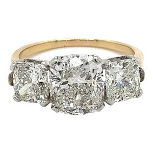 Mid 20th Century 4.83 Carat Cushion Cut 3-Stone Lab Grown Diamond Ring in 14k Gold and Platinum Size 7.5
