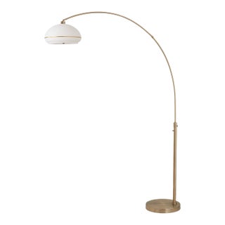 1960s Morelli Mid Century Brass Floor Lamp - 92" Modern Arc Lamp, Oval Lucite Shade, Dimmable For Sale
