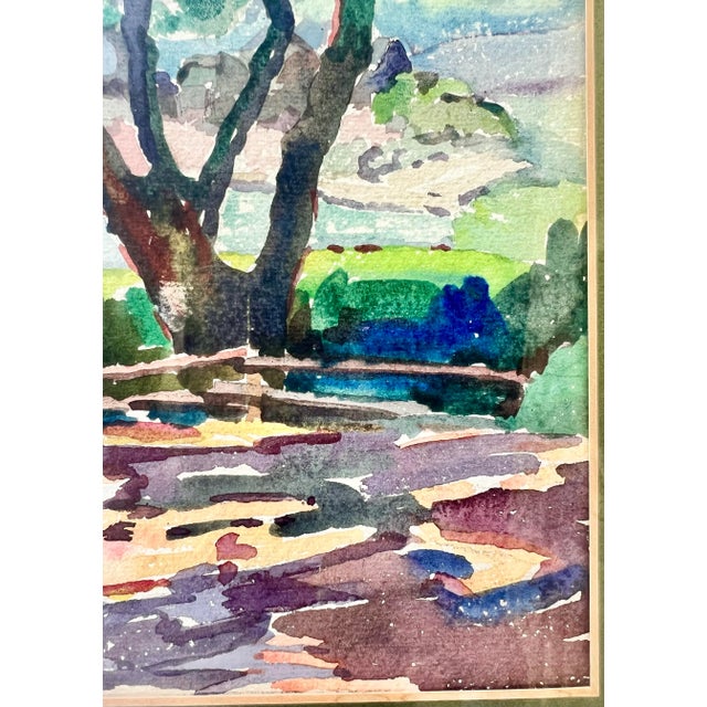 Green Landscape and Sailboat Scene Watercolor Painting- Framed For Sale - Image 8 of 11