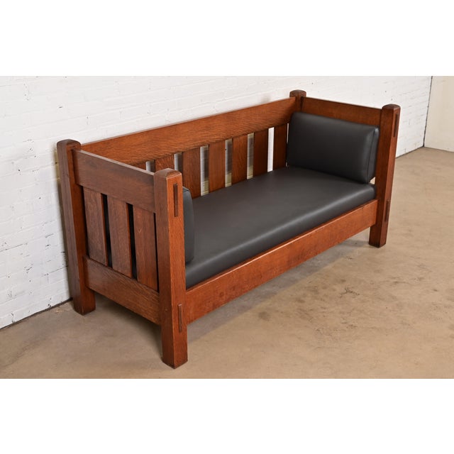 Charles Limbert Limbert Antique Mission Oak Arts and Crafts Settle Sofa, Newly Reupholstered For Sale - Image 4 of 12