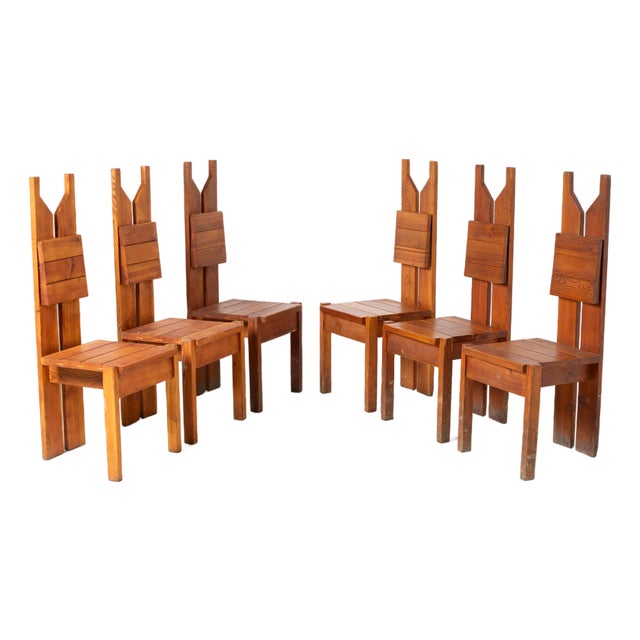 Vintage Brutalist Dining Chairs in Pine, Czechoslovakia, 1970s, Set of 6 For Sale