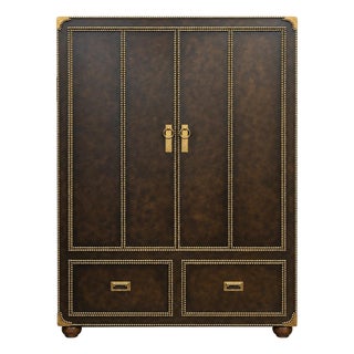 20th -C. Regency Campaign Style Leather and Brass Bar Cabinet / Armoire For Sale