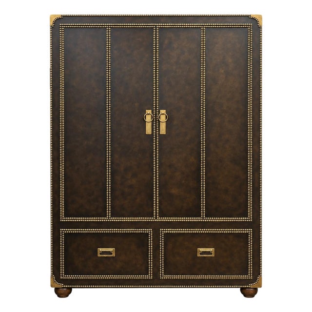 20th -C. Regency Campaign Style Leather and Brass Bar Cabinet / Armoire For Sale