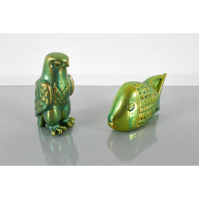 Ceramic Art Deco Eosin Green Glazed Ceramic Figures by J. Nador for Zsolnay, Hungary, 1970s, Set of 2 For Sale - Image 7 of 15
