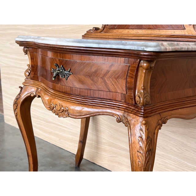 French Pair of Nightstand Tables With Crest & Carved Drawer and Cabriole Legs For Sale - Image 9 of 10